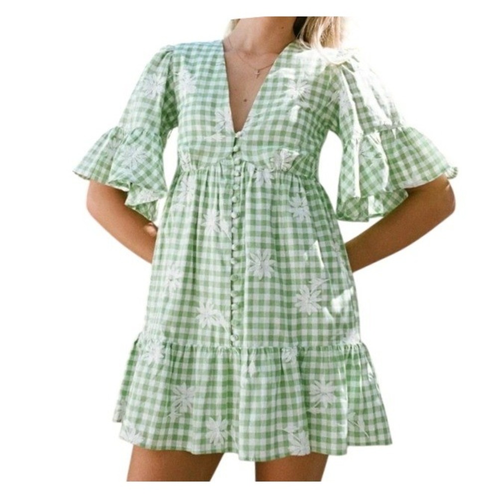 Sabo Womens 6‎ Green Gingham Babydoll Sun Dress Small Flaw